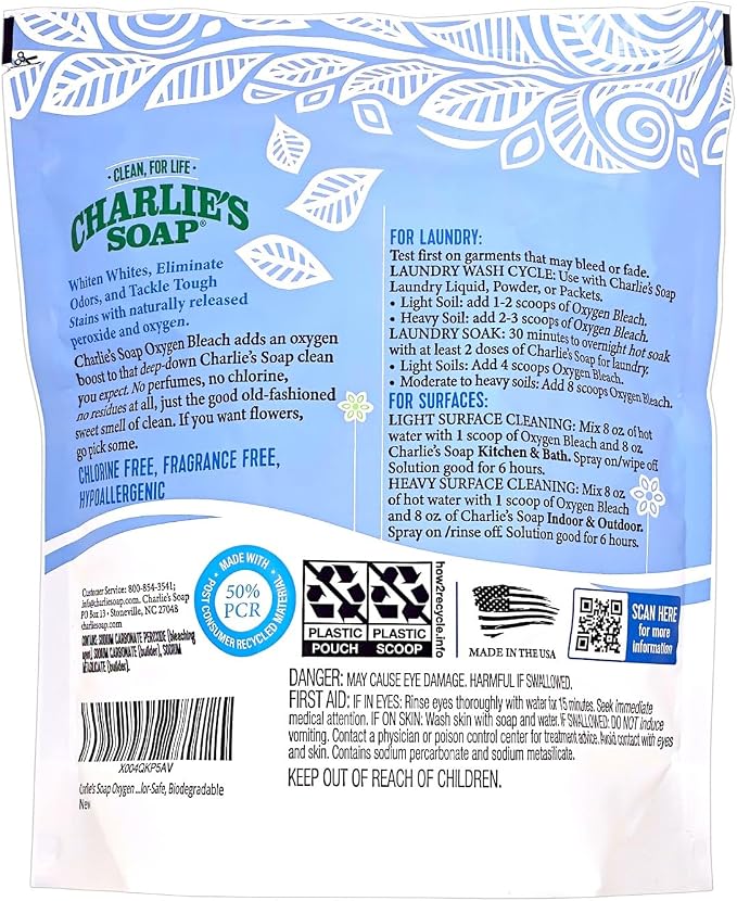 Charlie’s Soap Oxygen Bleach Powder for Laundry & Household Cleaning, Color-Safe & Chlorine-Free Stain Remover, 4 lb Bags (120 Loads Each), 2 Pack