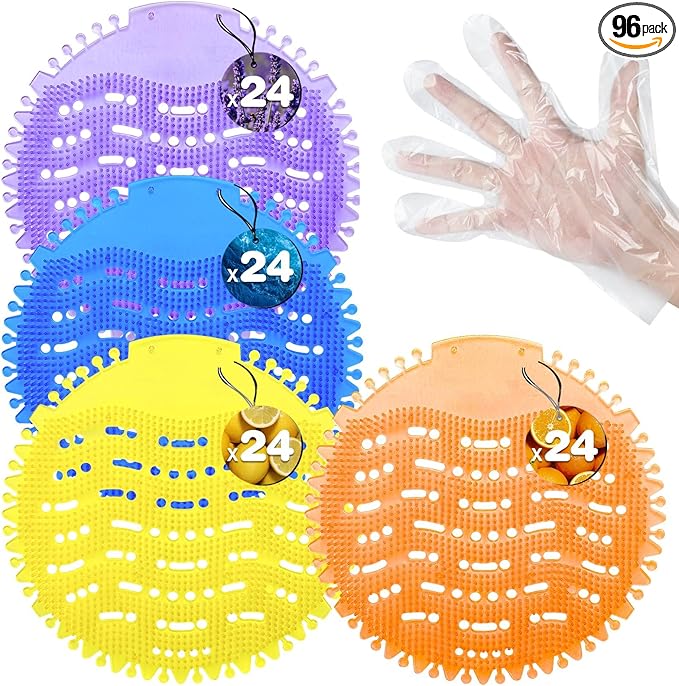 96 Pack Urinal Deodorizer Screen with 100 Gloves, 3D Wave Anti-Splash Odor Protection Urinal Cakes for Men Toilets Dry Wet Urinal Deodorant Bathroom Office Mall Hotel Four Scents Urinal Mats