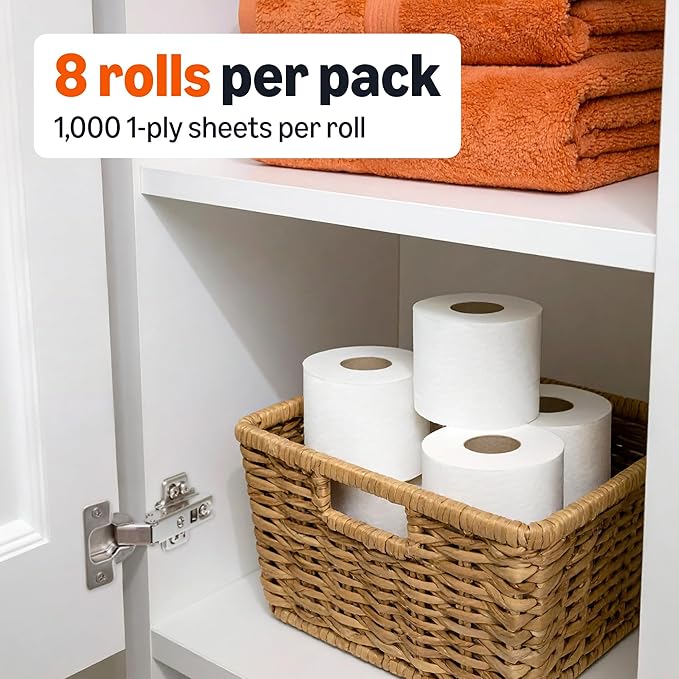 Amazon Basics 1000 Sheet 1-Ply Bath Tissue, 8 Rolls, Septic Safe