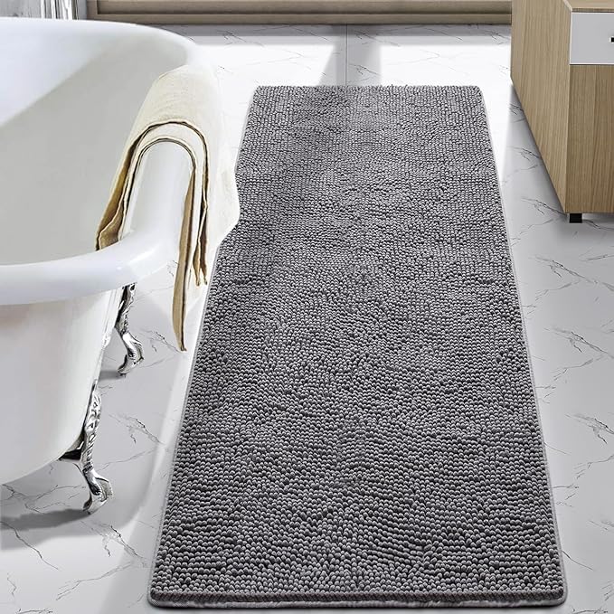 LOCHAS Luxury Bathroom Rug Shaggy Bath Mat 24 x 60 Inch, Gray | Washable Non Slip Bath Rugs for Bathroom Shower, Soft Plush Chenille Absorbent Carpets