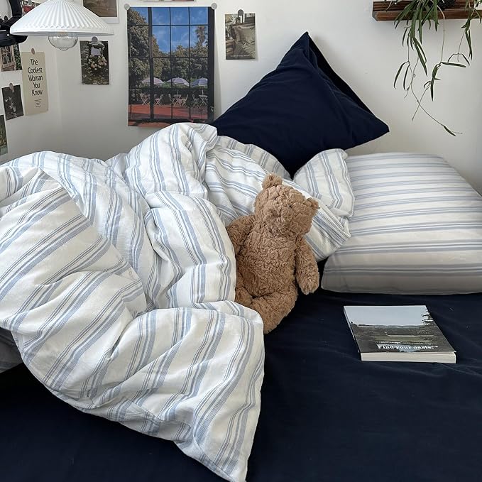 mixinni Vintage Blue & White Striped Duvet Cover Set - 3 Piece 100% Washed Cotton King Size Bedding | Minimalist Relaxed Style | Ultra Soft Breathable, with Zipper Closure & Corner Ties-King Size