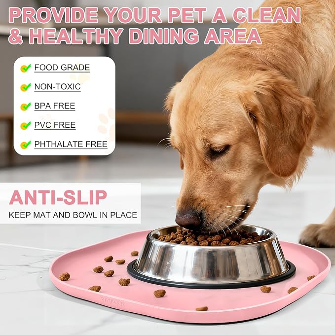 SMILOOL Waterproof Silicone Pet Food Mat with Raised Edge for Dog & Cat | 12" x 12" Non-Slip Small Pet Feeding Mats with Lip for Food & Water Bowl, Food Grade, Easy Cleaning, Sakura Pink