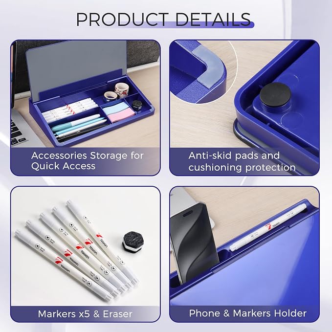 TOWON Navy Small Compact Glass Desktop Whiteboard with Storage, 12 x 7 Inches, Glossy Metallic Paint Mirror Finish Dry Erase Board, Includes 5 Markers, Eraser & Holder for Office Homeschooling Décor
