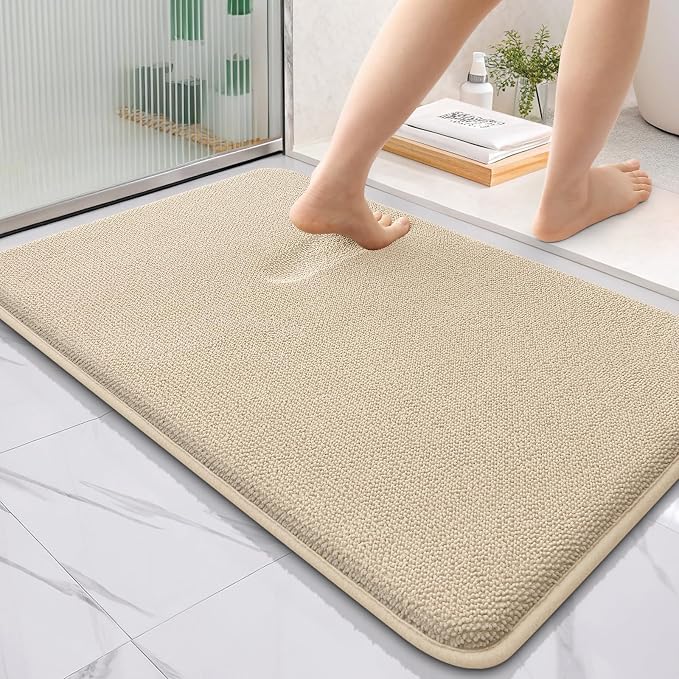 OLANLY Thick Memory Foam Bathroom Rugs 36x24, Absorbent Bath Mat, Beige | Soft Quick Dry Bath Rugs Mats, Non-Slip, Machine Washable Carpet for Bathroom Floor, Tub and Shower, Home Decor Accessories