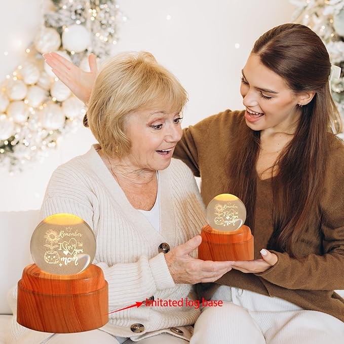 ZHSHWAT Gifts for Mom-Engraved Crystal Ball Night Light with Faux Wood Rotating Base - I Love You Mom Sunflower Design, USB-Powered Decor, Christmas Birthday Gifts for Mother from Daughter Son