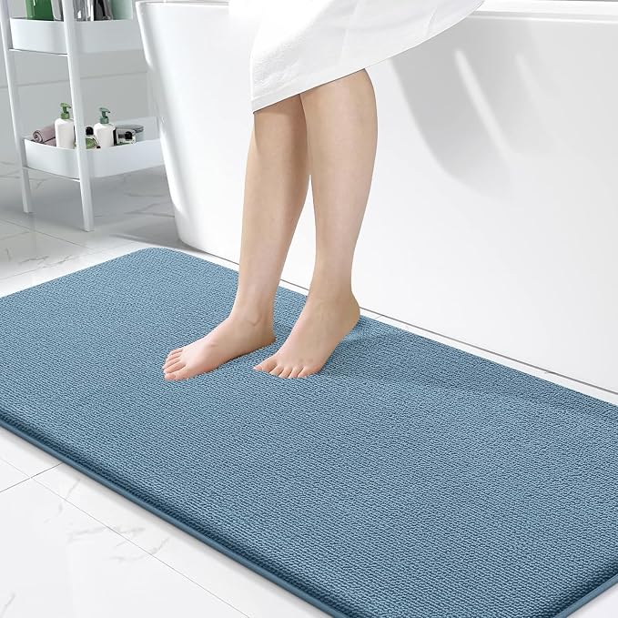 OLANLY Memory Foam Bathroom Runner Rug 47x24, Absorbent Long Mat, Airy Blue | Soft Quick Dry Bath Mat Rugs, Non-Slip, Machine Washable Mat for Bathroom Floor, Tub and Shower, Home Decor Accessories