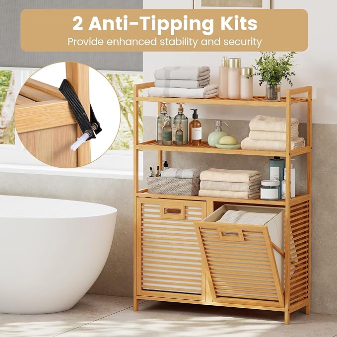 Giantex Double Tilt Out Laundry Hamper with 3-Tier Storage Shelf | 14 Gal Bamboo Laundry Storage Cabinet w/Removable Laundry Baskets, Laundry Sorter Organizer for Bathroom Living Room Bedroom