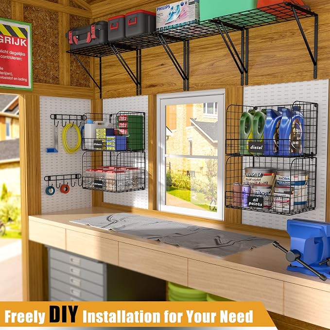 ThreeHio 2 Pack Garage Shelves Wall Mounted with Wire Baskets, Heavy Duty Garage Wall Shelving with Hooks, Wire Shelf Baskets Tool Organizer for Home Garden Garage Organization and Storage