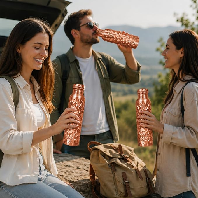Copper Water Bottle,Ayurvedic Pure Copper Bottle For Drinking - Drink More Water, Lower Your Sugar Intake And Enjoy the Health Benefits Immediately,32 Oz(1Cleaning Brush +3 Diamond Bottle)
