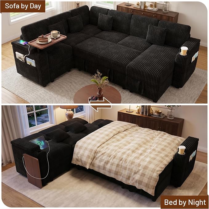 L-Shaped Sectional Sleeper Sofa with Pull Out Bed, Black | Plush Corduroy, Reclining Backrest, Storage Chaise, Usb Ports, Cup Holders & Table – Modular Cloud Couch for Living Room
