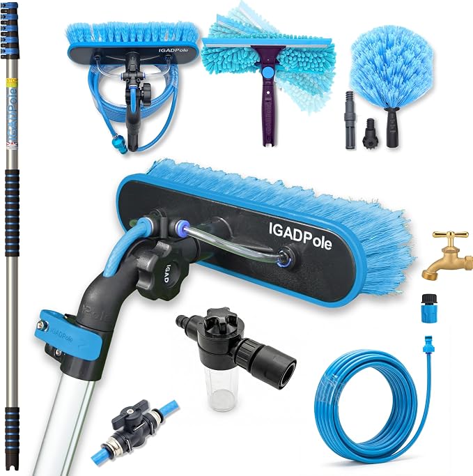 IGADPole 20 FT Water-Fed Washing Kit with Soap-Dispenser, Brush, 10″ Squeegee & Cobweb Duster for Windows, Gutters, Solar Panels & Exterior Walls