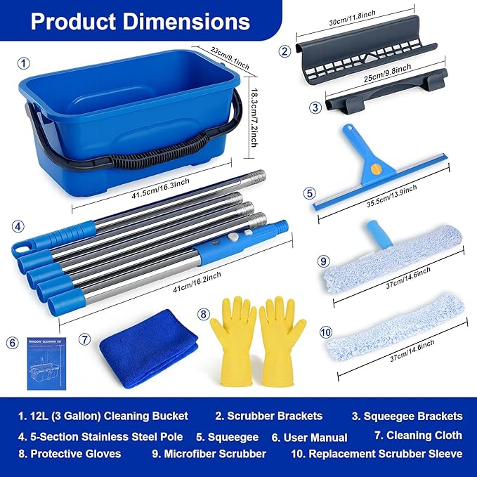 Professional Window Cleaning Kit, Window Washing Kit with 3 Gallon Bucket, 14-Inch Squeegee & 15-Inch Scrubber, 76-Inch Extendable Pole, Window Cleaning Equipment for Home & Commercial (76 inch)