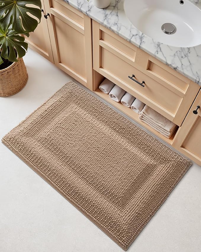DEXI Bath Mats for Bathroom 43x24, Non Slip Washable Bathroom Rug, Thick Soft Chenille Absorbent Bathmat for Shower Floor, Fluffy Shaggy Carpet for Tub, Dark Beige