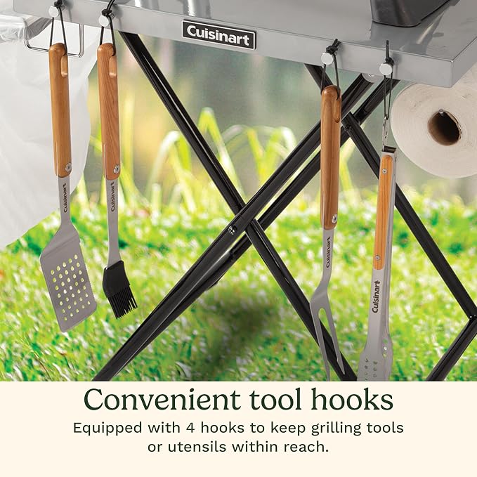 Cuisinart Fold ‘n Go Prep Table, Portable Folding Table and Grill Stand with Tool Hooks, Trash Bag Holder, Paper Towel Rack, 24” x 20” Steel Food Prep Station Perfect for BBQs, Tailgates and Camping
