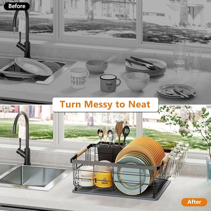Dish Drying Rack Black with Diatomaceous Earth No Installation Required | Space Saving with Cutlery Cups Holder