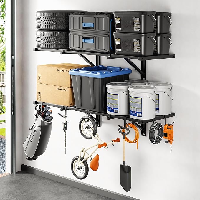 FLEXIMOUNTS 2x4ft Garage Wall Shelving, 2-Pack Heavy Duty Garage Shelving Wall Mounted with 8 Hooks, 400lbs Capacity, Storage for Power Tools, Garden Supplies, Storage Bins, Lite Series