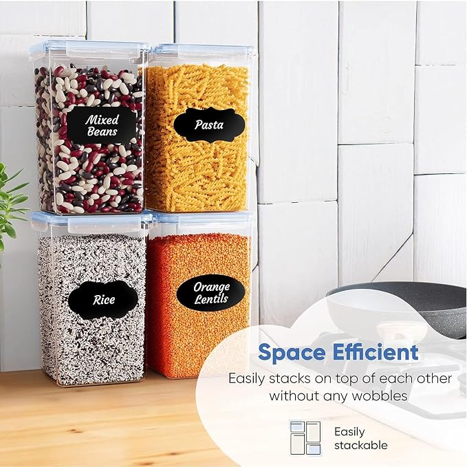 Chef's Path Extra Large Airtight Food Storage Containers with Blue Lid Color, Pack of 6, Kitchen and Pantry Canisters for Flour, Sugar, and Baking Supplies, Includes Measuring Spoons, Labels, and Pen
