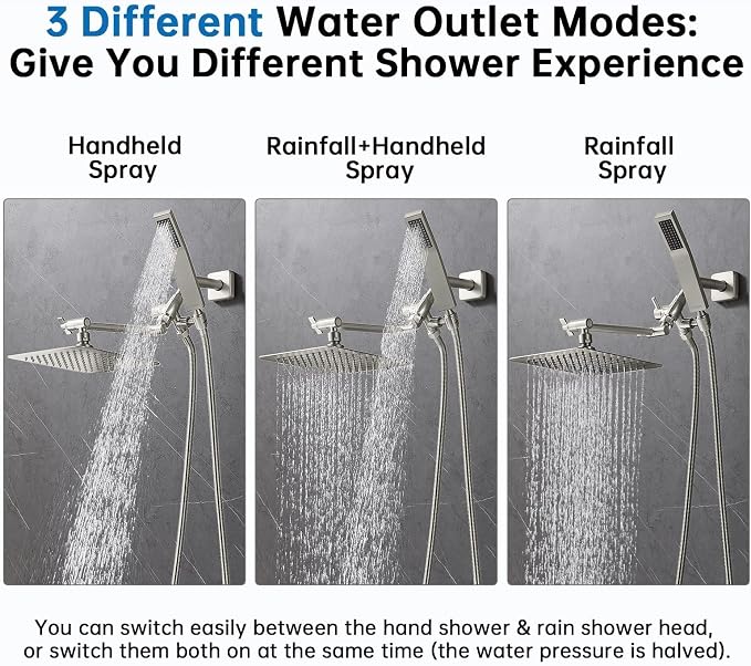 G-Promise All Metal 10" Dual Square Shower Head Combo | Rain Shower Head | Handheld Shower Wand | Adjustable | 3-Way Diverter | 71" Extra Long Hose - A Bathroom Upgrade(Brushed Nickel)