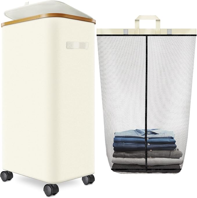 Wuevu Laundry Hamper with Wheels and Lid,Foldable Rolling Laundry Basket Dirty Clothes Hamper,Oxford Fabric Storage Organizer for Bedroom, Dorm, Laundry Room (off White, 110 L)