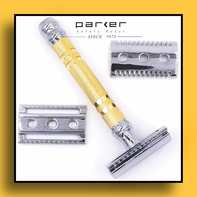 Parker, "The Convertible", Double Edge Safety Razor – Interchangeable Open & Closed Comb Plates, Solid Brass/Chrome 93 g Handle, Customizable Shave from Mild to Aggressive