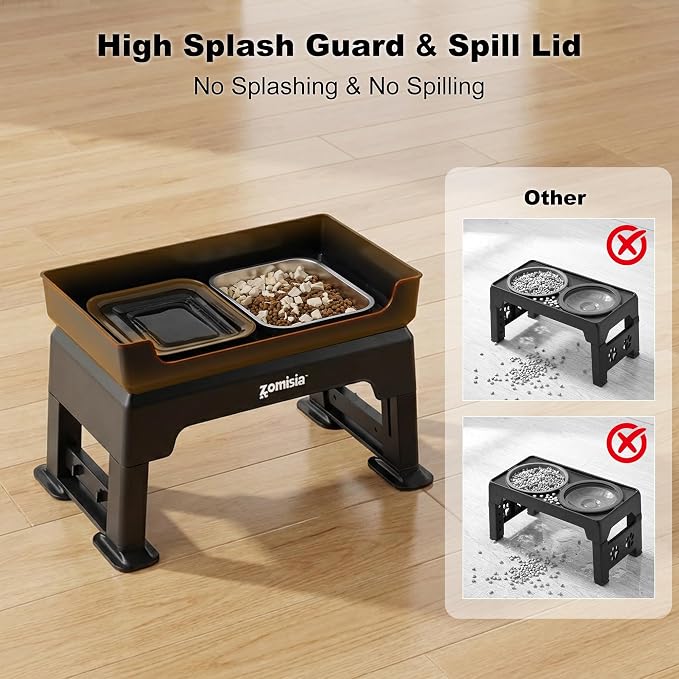 ZOMISIA Elevated Dog Bowls with No Spill Water Bowl, 6 Height Adjustable | 3-in-1 Dog Bowl Stand, Mess Proof Double Deck Design, 2 Stainless Steel Bowls, Licking Plate, For Small Medium Large Pets