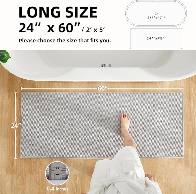 TYUU Bathroom Runner Rug, Long Bath Mat Washable Thin Quick Dry Low Pile Bathroom Runner Rugs 24 x 60 Non Slip, Light Grey 24"x60"