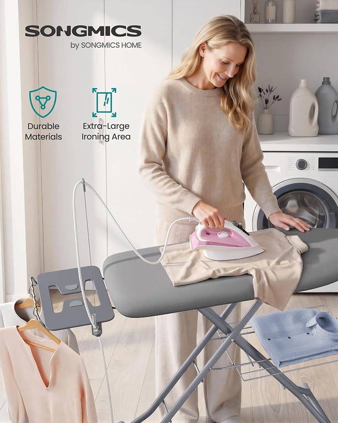 SONGMICS Folding Ironing Board, 13x43, 7-Level Adjustable Height Iron Board with Iron Rest, Cord Holder, Storage Rack, Steel, for Laundry Room, Gray, Borix Collection ULLB008GD01S
