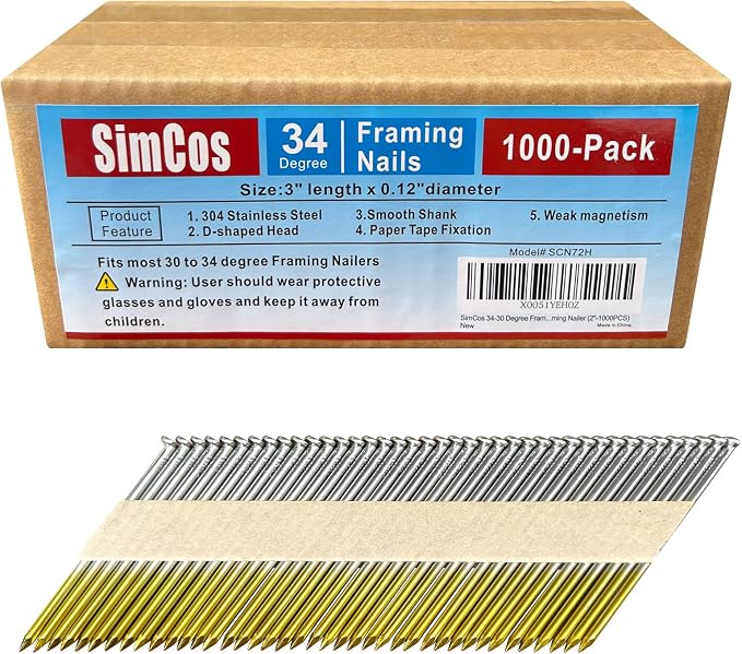 34-30 Degree Framing Nails 304 Stainless Steel D Head Smooth Shank Paper Tape Strip Nails for 30 to 34 degree Framing Nailer (3"-1000PCS)