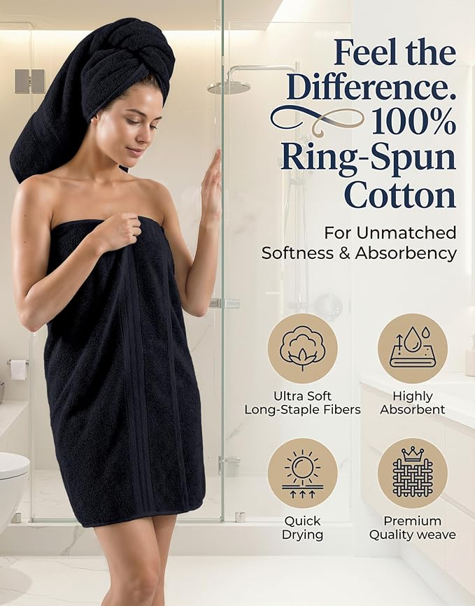 LANE LINEN Bath Towel Set Quick Dry 100% Cotton 24 Piece Soft - Black | Cotton Bath Towels - Classic Terry Weave, Densely Woven & Durable, Easy-Care, Coordinated Colors