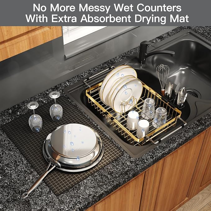 Gold Dish Drying Rack Over The Sink with Utensil Holder, Mat | Expandable Stainless Steel Dish Drainer for Small Kitchen, Apartment, RV, Counter Space Saving, Perfect Fit, Rustproof