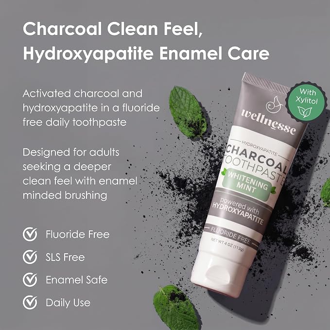 Hydroxyapatite Toothpaste, Charcoal, Whitening, Fluoride Free, Mint, 4 Oz | Wellnesse Activated Charcoal and Xylitol Formula, Adults, SLS Free, Remineralizing Enamel Care for Sensitive Teeth, Oral Care