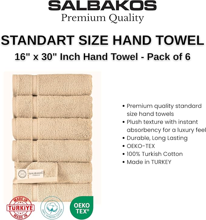 SALBAKOS 6-Piece 100% Turkish Cotton Hand Towels, 16x30 inch, Taupe | Large Size Thick Super Soft Highly Absorbent, Versatile Hair Face & Hand Drying Towel, Premium Hotel Quality Made in Turkey