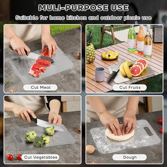 Katori Titanium Cutting Boards for Kitchen-100% Pure Titanium Cutting Board set Double Sided Non Toxic Titanware Chopping Board,Dishwasher Safe Metal Cutting Boards FathersDay Gifts(2PC-S+L)