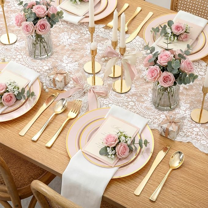 WDF Partyware 350PCS Pink Disposable Plates - Pink Plastic Plates 50Guests Plastic Dinnerware Sets with Rolled Napkins for Wedding/Birthday/Baby shower