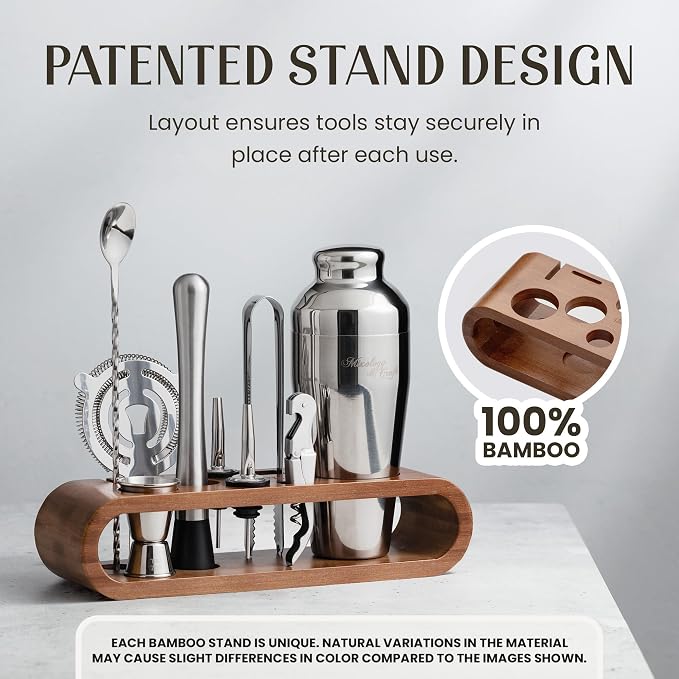 Mixology & Craft Cocktail Shaker Set with Bamboo Stand - Professional 10-Piece Bartender Kit, Complete Bar Set for Home Use with Jigger, Muddler, Strainer, Spoon, Pourers & Corkscrew (Silver)