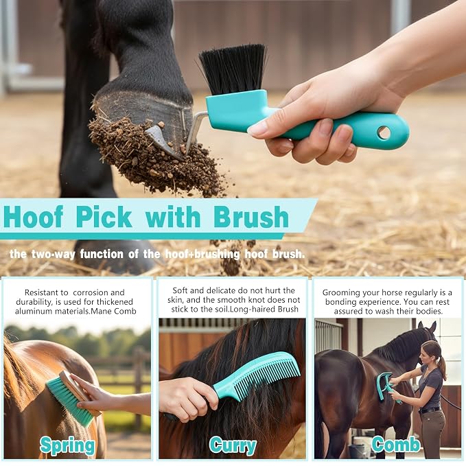 Abbylike 12 Piece Horse Grooming Kit with Organizer Tote Bag Brush Sets for Derby Day Show Horses Professional Tools for Care & Massage(Mint Green and Grey)