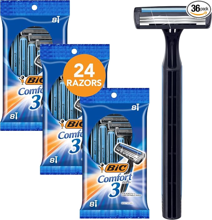 BIC Comfort 3 Disposable Razors, Long-Lasting 3-Blade Razors for Men, Perfect razors Designed for Smooth and Comfortable Shave, 24-Count (Pack of 12)