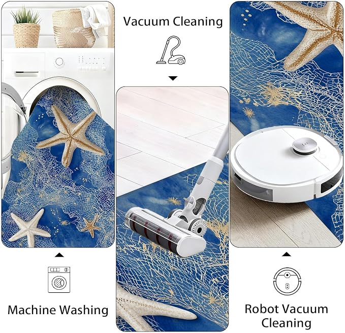 Watercolor Sea 2x6 Runner Rug for Hallway - Starfish Kitchen Runner Rug, Soft Non Slip Washable Long Rugs, Seaside Fishing Net Carpet for Corridor Entryway Bedroom Laundry