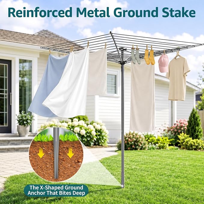 131FT Outdoor Umbrella Clothes Drying Rack | 131FT Metal Drying Rack Clothing, 4-Arm 360°Rotary, Collapsible Clothesline for Lawn Garden Backyard, 67.52" Height