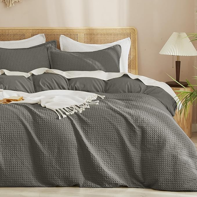 PHF Waffle Duvet Cover Set Twin XL Size, Back to School College Dorm Bedding, Ultra Soft Breathable Comforter Cover for All Season, Dorm Room Essentials Set with 1 Pillow Sham,68" x 90", Grey