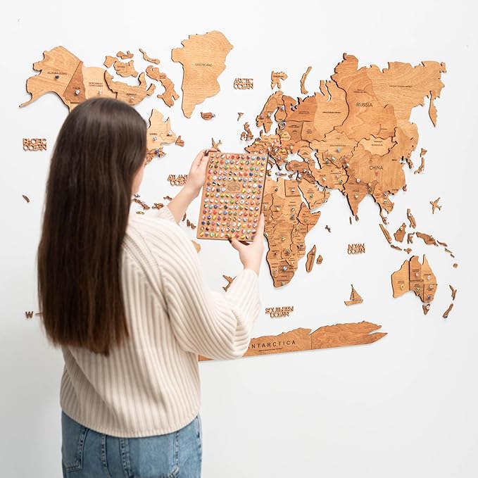 Enjoy The Wood 3D Wood World Map Wall Art Large Wood Wall Décor Housewarming Gift Idea Art World Travel Map For Home & Kitchen or Office (3XL, Oak)