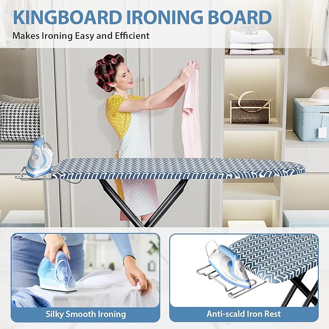 KINGBOARD Foldable Ironing Board Full Size, Iron and Ironing Board Set Standard Size, Iron Boards with Ironrest & Adjustable Height,Heavy Duty Iron Table Stand with Metal Legs &Thick Cover,43x13 Blue