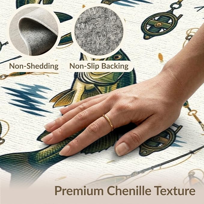 2'x3' Washable Area Rug Bass Lake Lure Tackle Reel Motif Border Angler Hook Fish Fishing Refined Stain Resistant Thin Throw for Entryway, Kitchen, Laundry Room