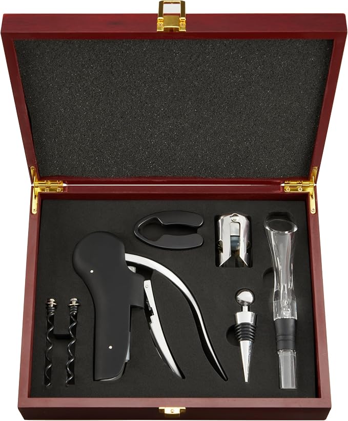 True Wine Tools Set with Cherry Stained Wooden Gift Box, Includes Lever Corkscrew, Foil Cutter, Aerator Pourer, 2 Worms, Chrome Bottle and Champagne Stopper, Home Bar Accessories, 7 Piece