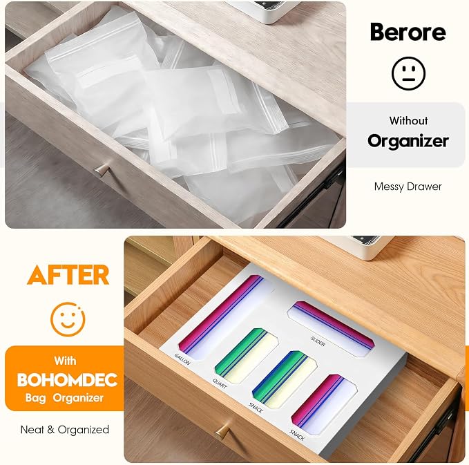 Bamboo Ziplock Bag Storage Organizer for Drawer -White, 5 in 1 Baggie Organizer with 24 Labels - Fits Gallon, Quart, Sandwich & Snack Bags - Wall Mountable Kitchen Drawer Organizer, 3in