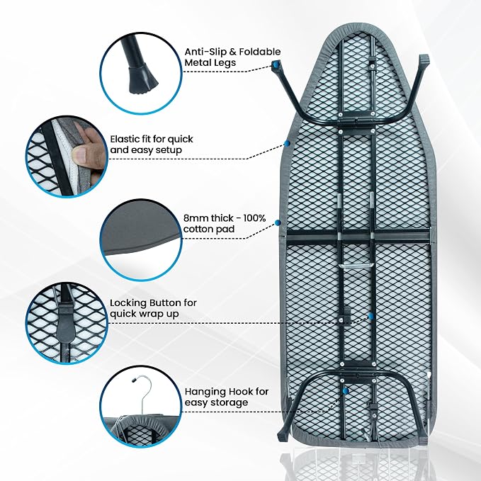 Metal Mesh Panel Tabletop Ironing Board | Foldable Iron Board | Heavy Duty Small Iron Board with Heat Resistant Cover and 100% Cotton 8mm Thicken Pad (Grey)