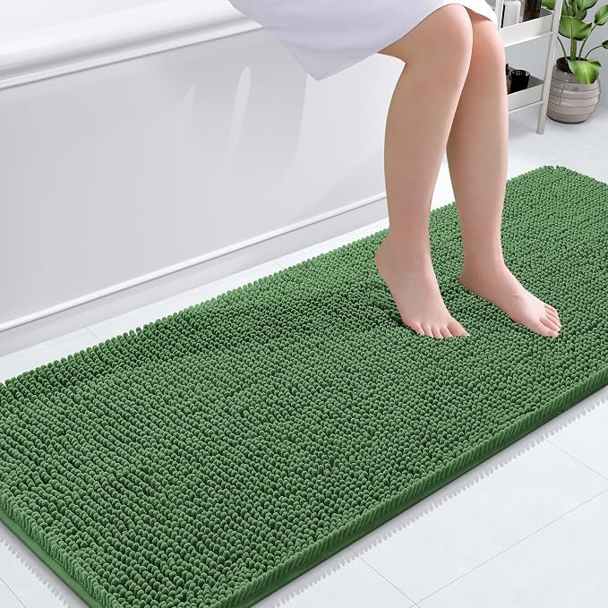 OLANLY Bathroom Runner Rugs 59x24, Soft Absorbent Chenille Bath Rugs, Rubber Backing Quick Dry, Machine Washable Long Bath Mats for Bathroom Floor, Tub and Shower, Home Decor Accessories, Olive Green