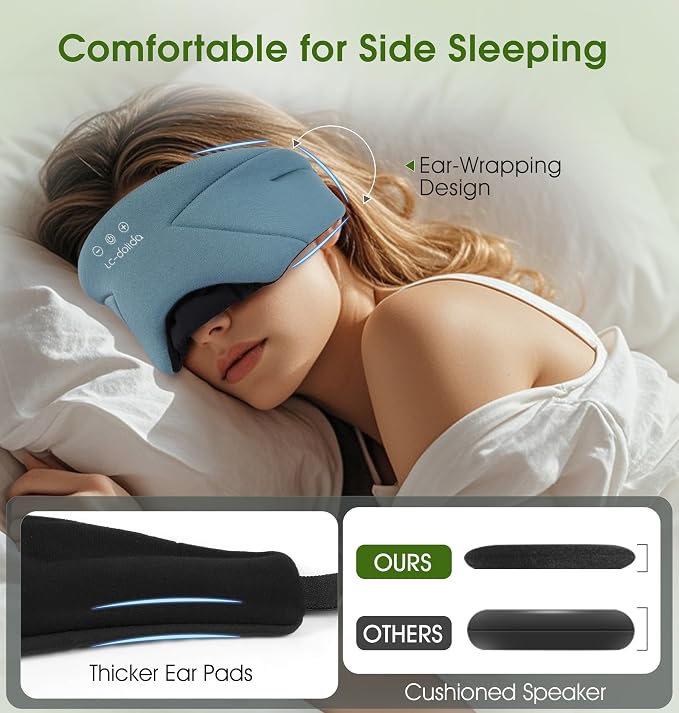 Sleep Mask with Headphones Bluetooth 5.4, LC-dolida Wireless Music Eye Mask for Sleeping Headphones with Soft Bamboo Cotton Cooling Breathable,Ultra-Thin Stereo Speaker for Side Sleepers - Ash Blue