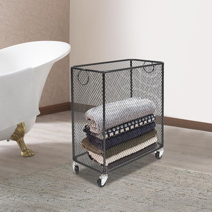 Metal Laundry Storage Cart - Slim, Mesh Wire Rolling Laundry Hamper with Wheels & Ring Handles, Clothes or Linen Storage Organizer Hamper Bin Laundry Basket, 9"L x 17"W x 18"H, Black