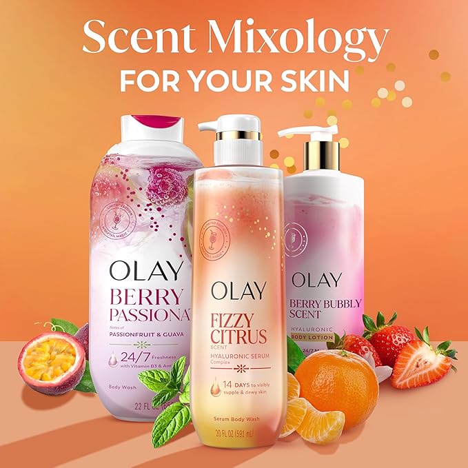 Olay Body Wash for Women, Intensely Hydrating, Pro-Hyaluronic Acid Serum Complex, Renews Moisture, Vitamin B3 Lameller Technology, For All Skin Types, Fizzy Citrus Scent, 20 fl oz